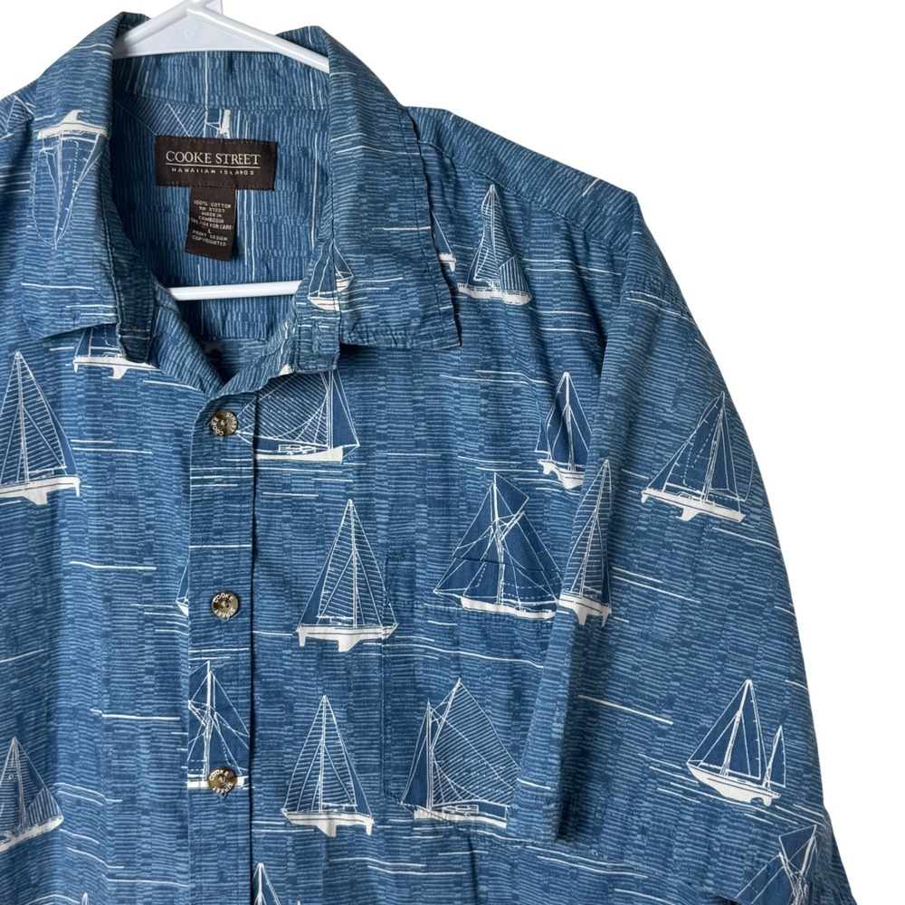 Cooke Street Button Down Shirt Mens L Blue White Sailboat Nautical Print‎ Cotton